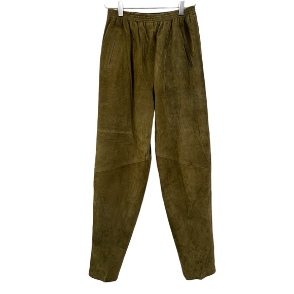 Vintage Erez Sport Green Suede Leather Pants Size Large Elastic Waist - Picture 1 of 9